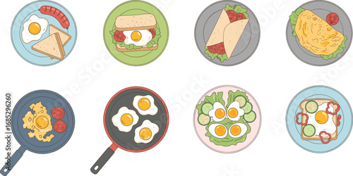 Delicious Breakfast Dishes with Eggs, Toast, Sandwiches, Omelet, and Vegetables on Plates and Pans – Vector Food Illustration Set