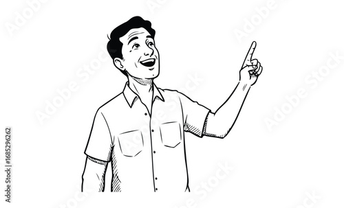 Young caucasian male cartoon character pointing upward with excited expression. Vector retro hand drawn illustration