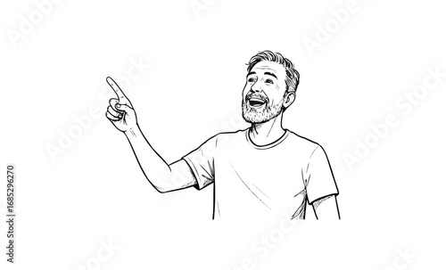 Happy young caucasian male pointing upward in sketch drawing. Vector retro hand drawn illustration