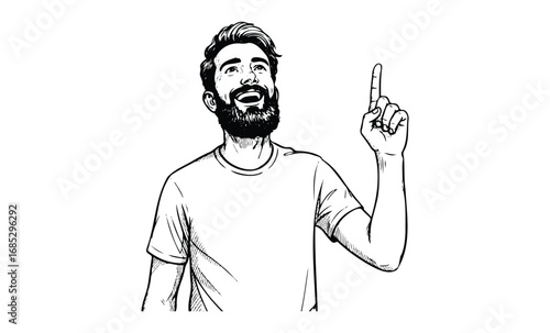 Smiling caucasian male with beard pointing upward in line art drawing. Vector retro hand drawn illustration