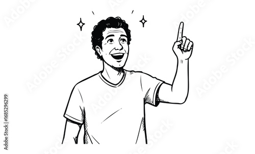 Young caucasian male teen excitedly pointing upward with joyful expression. Vector retro hand drawn illustration
