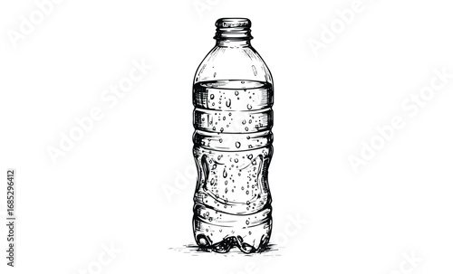Transparent plastic water bottle with bubbles sketch. Vector retro hand drawn illustration