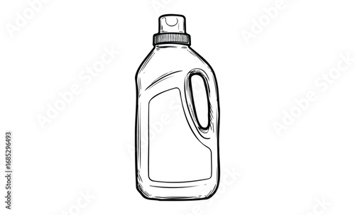 Hand-drawn black and white illustration of plastic detergent bottle with cap and handle. Vector retro hand drawn illustration