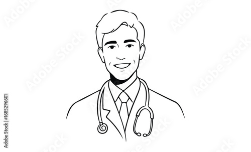 Smiling young caucasian male doctor with stethoscope sketch. Vector retro hand drawn illustration