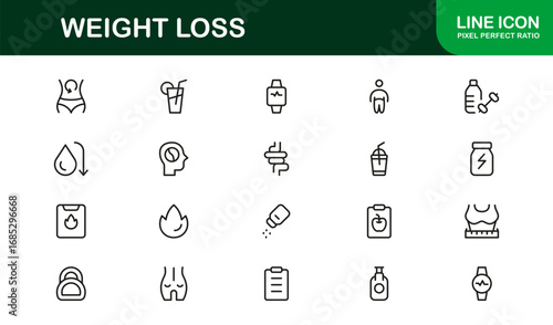 Weight Loss Fitness Health Professional Line Icon Set – Modern Minimal Outline Vector Icons for Wellness and Diet