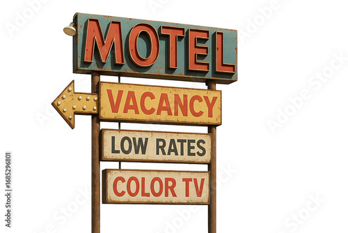 Retro motel sign with bold colored text reading MOTEL, VACANCY, LOW RATES, and COLOR TV, displayed in aged style on isolated transparent background, symbolizing roadside travel nostalgia