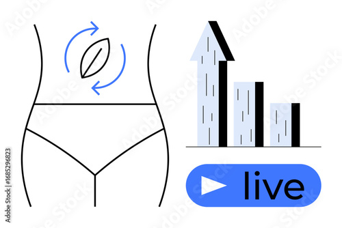 Minimalistic female body outline, arrows encircling leaf, growth bar graph, live button. Ideal for wellness, fitness, health tracking, nutrition, live fitness classes progress tracking simple