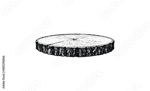 Hand-drawn tree trunk cross-section with growth rings and bark details. Vector retro hand drawn illustration