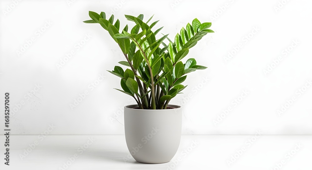 Fototapeta premium Vibrant ZZ plant in modern gray pot, adding a touch of nature to any space