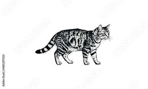 Intricate black and white sketch of a striped cat in profile view. Vector retro hand drawn illustration