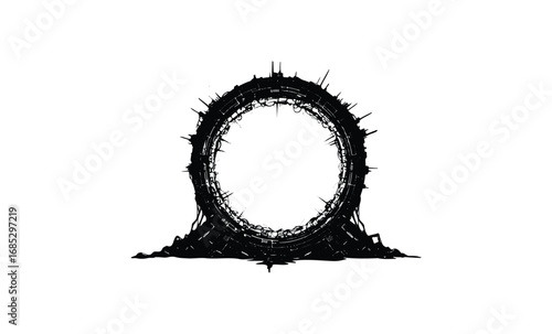 Abstract black circular structure with intricate spiky details. Vector retro hand drawn illustration