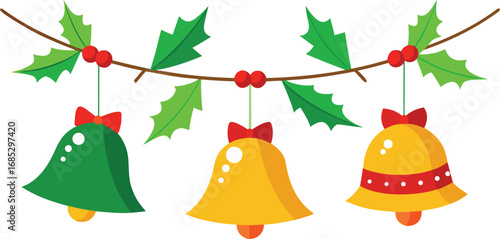 Christmas hanging bells vector design on transparent background. Christmas decoration elements