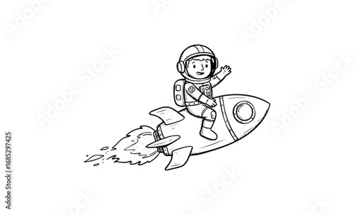 Child astronaut riding rocket illustration in black and white. Vector retro hand drawn illustration