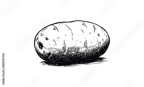 Detailed black and white illustration of a potato with textured surface. Vector retro hand drawn illustration