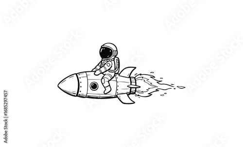 Cartoon astronaut riding rocket in space. Vector retro hand drawn illustration