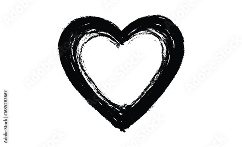 Black ink heart symbol on white background in grunge style. Vector retro hand drawn illustration