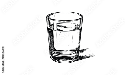 Black and white sketch of a glass of water with reflective details. Vector retro hand drawn illustration