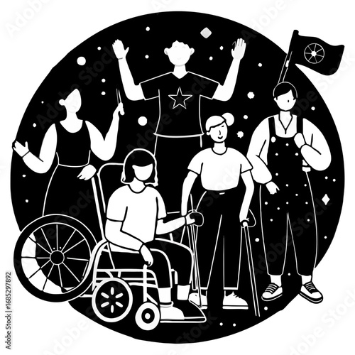 Man, woman, and child in wheelchair vector illustration