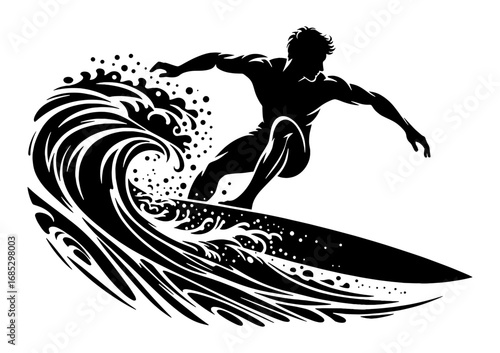 black and white  silhouette of a male surfer riding a wave