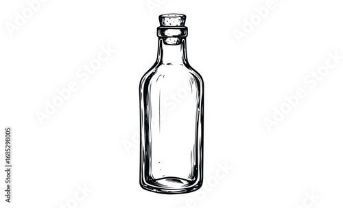Elegant glass bottle with cork stopper hand-drawn black and white art. Vector retro hand drawn illustration