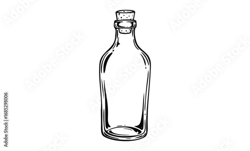 Vintage glass bottle with cork stopper in black and white illustration. Vector retro hand drawn illustration