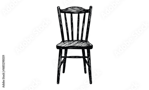 Hand-drawn wooden chair sketch with slatted back and curved seat design. Vector retro hand drawn illustration