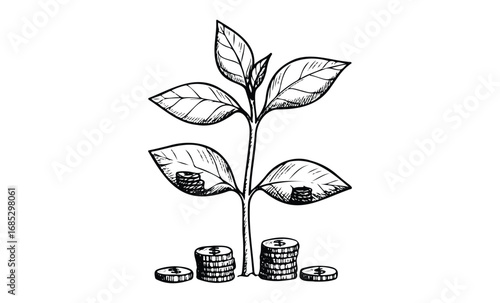 Growth of financial investments illustrated by a plant with coins. Vector retro hand drawn illustration