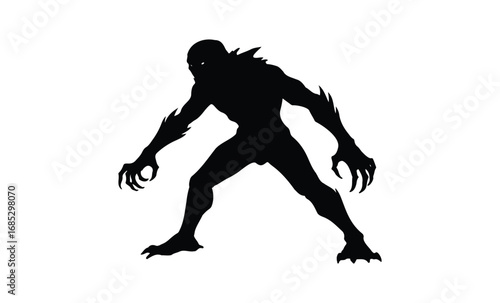 Silhouette of a menacing werewolf creature. Vector retro hand drawn illustration