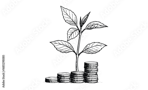 Growing plant on stacked coins symbolizing financial growth and investment potential. Vector retro hand drawn illustration
