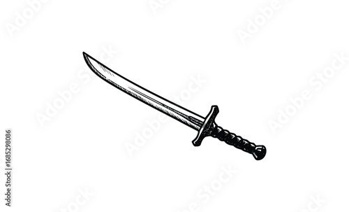 Detailed black and white sword illustration with curved blade and textured handle. Vector retro hand drawn illustration