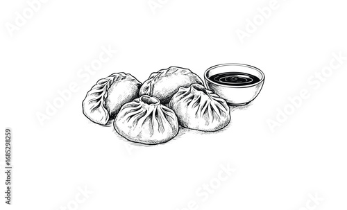 Hand-drawn dumplings with sauce bowl illustration in black and white ink sketch. Vector retro hand drawn illustration