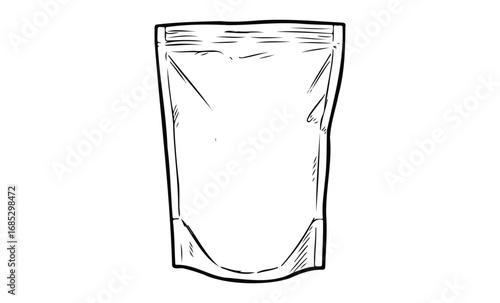Empty foil pouch packaging design with sealed closure. Vector retro hand drawn illustration
