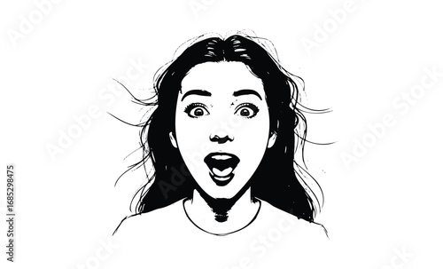 Black and white illustration of surprised young caucasian female. Vector retro hand drawn illustration