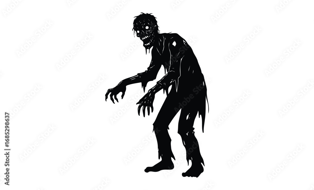 Obraz premium Silhouette of a creepy zombie in a tattered outfit with claws. Vector retro hand drawn illustration