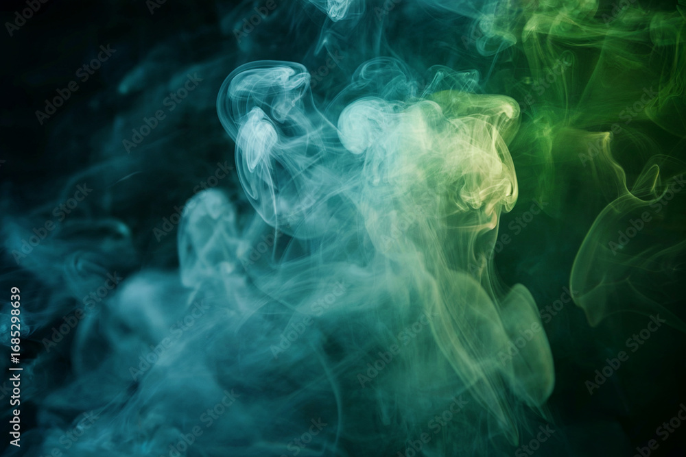 Obraz premium Swirling turquoise and green smoke plumes against dark background abstract texture