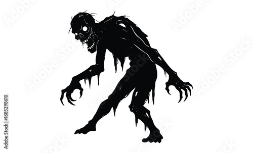 Silhouette of creepy zombie monster with tattered clothes and long claws. Vector retro hand drawn illustration