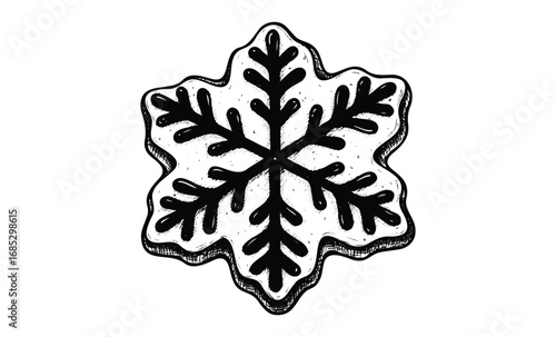 Artistic black and white snowflake illustration with intricate pattern details. Vector retro hand drawn illustration