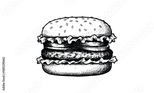 Hand-drawn cheeseburger illustration with lettuce and tomato. Vector retro hand drawn illustration