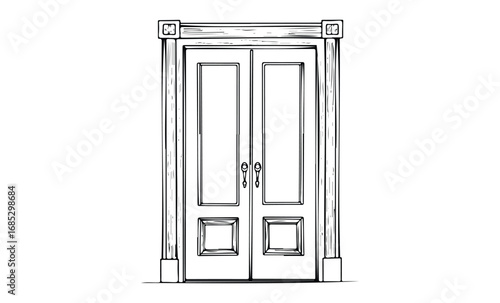 Elegant double wooden door with classic ornamental frame in black and white illustration. Vector retro hand drawn illustration
