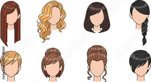 Women’s Hairstyle Collection Vector – Diverse Haircuts Including Bun, Braid, Curly, Straight, Short, Long, Layered, and Asymmetrical Styles