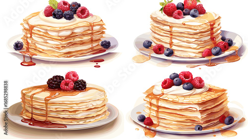 Realistic illustration of pancakes stacked with syrup and fresh berries including blueberries, raspberries, and strawberries. Perfect for breakfast, food, and dessert themes.