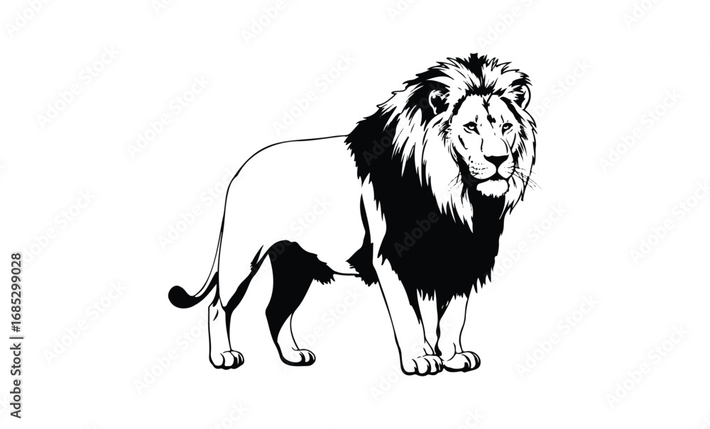 Obraz premium Majestic black and white lion illustration featuring bold mane and strong stance. Vector retro hand drawn illustration