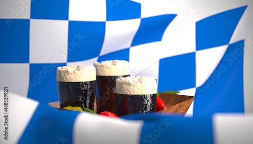 Dark beer glasses on a wooden tray, Bavarian flag background
