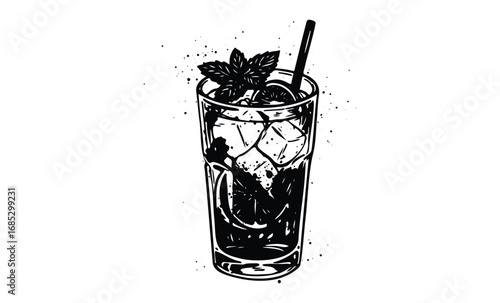 Monochrome illustration of a cocktail glass with ice, straw, and mint garnish. Vector retro hand drawn illustration