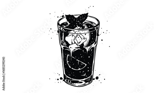 Graphic illustration of a refreshing iced beverage with mint and lime garnish. Vector retro hand drawn illustration