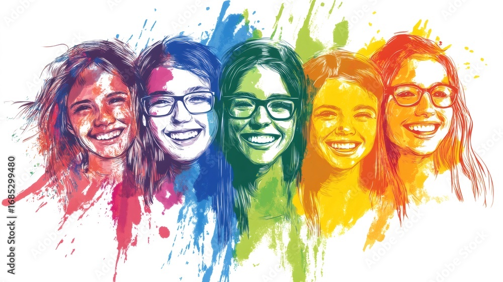 Obraz premium Five smiling young women with colorful paint splatters showing diversity and happiness
