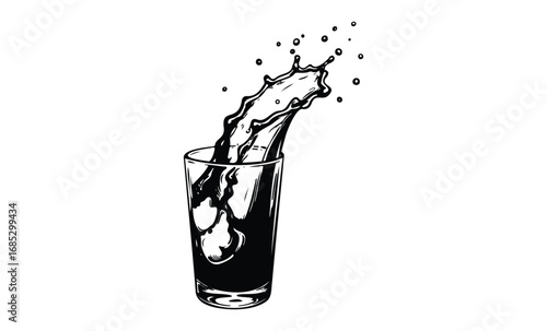 Splashing milk in glass: dynamic black and white art. Vector retro hand drawn illustration