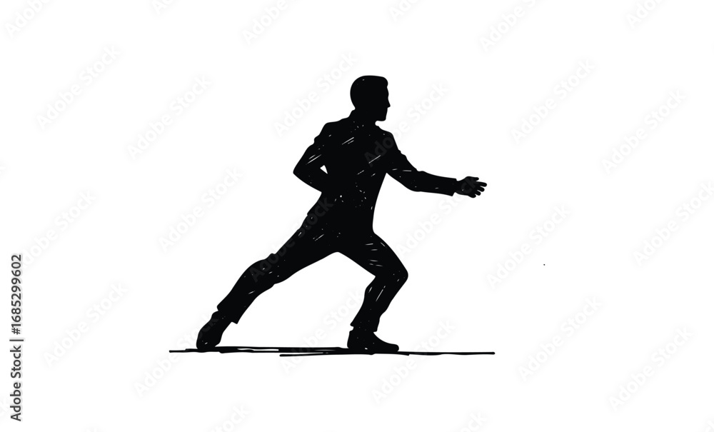 Obraz premium Silhouette of businessman in dynamic pose. Vector retro hand drawn illustration