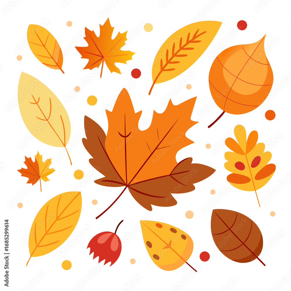 Obraz premium Vibrant autumn leaves collection with scattered dots and circles