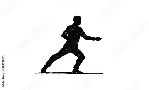 Silhouette of businessman in dynamic pose. Vector retro hand drawn illustration